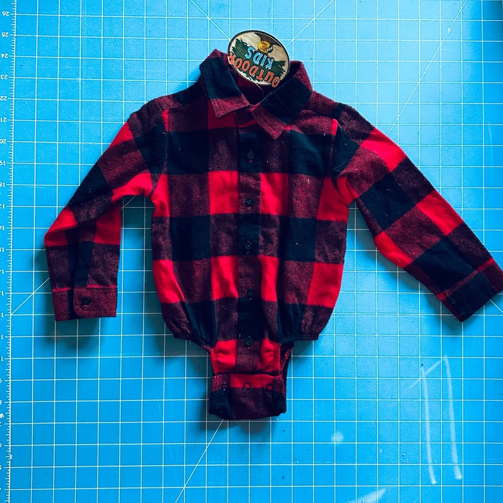 NWT Sz 18m Outdoor Kids Red & Black Buffalo Flannel Long Sleeve Button Down